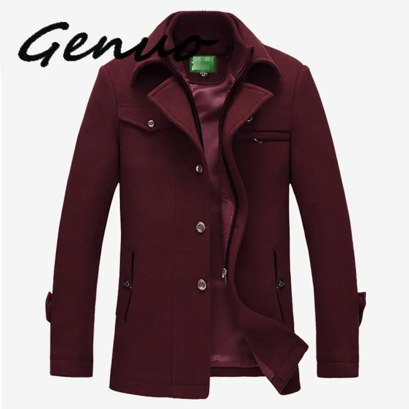 Genuo New Men Winter Wool Coat Men's New High Quality Solid Color Simple Blends Woolen Pea Coat Male Trench Coat Casual Overcoat