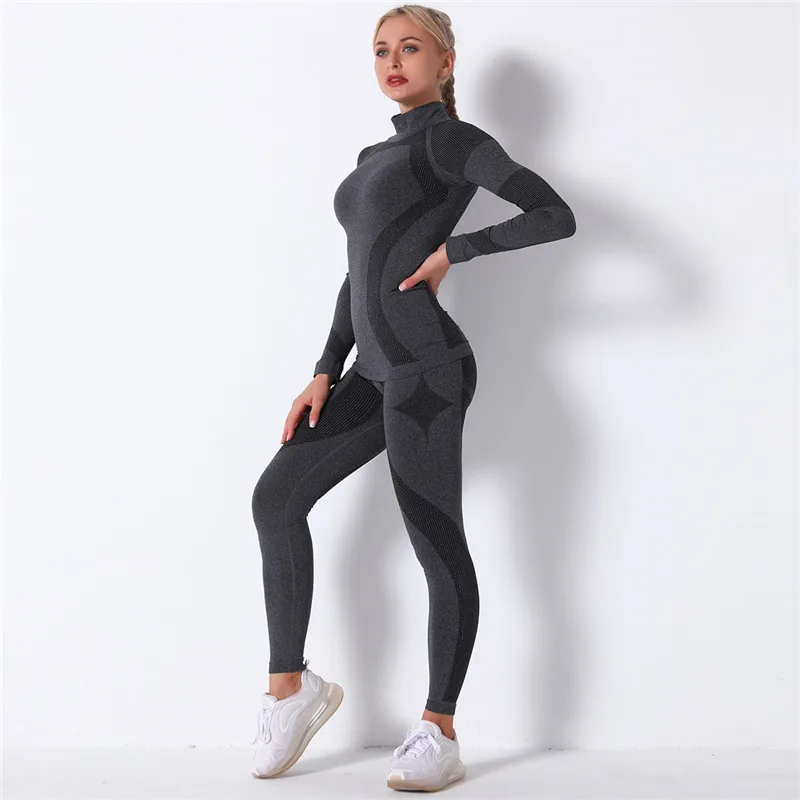 Ternos esportivos sem costura para mulheres, roupas de ginástica, treino, camisas de manga comprida, leggings de cintura alta, calças