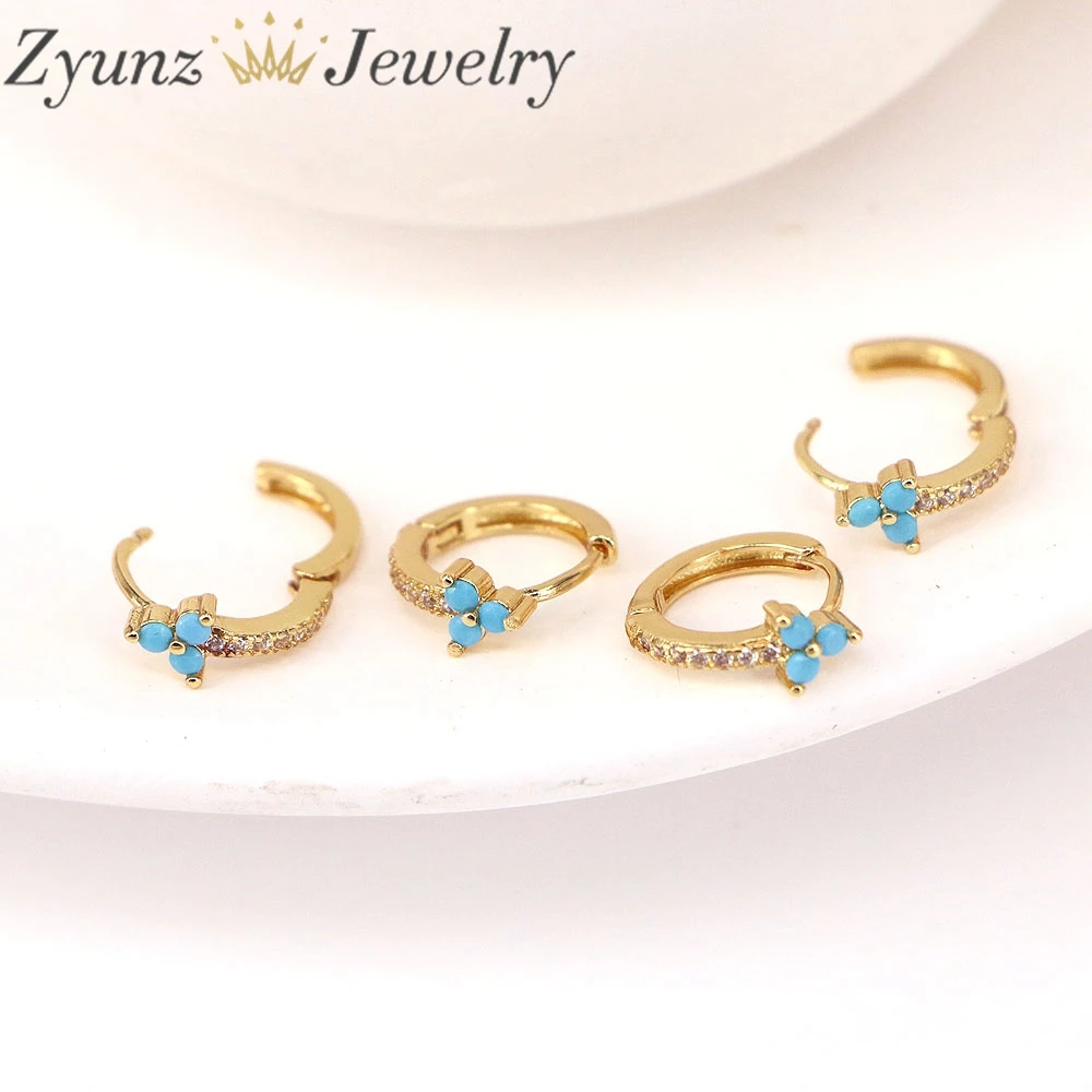 

10 Pairs, Blue Tiny Gems Hoop Earrings, Gold CZ Hoop Earring, Cute Stone Gold Hoop Earring, Dainty Huggies Earrings