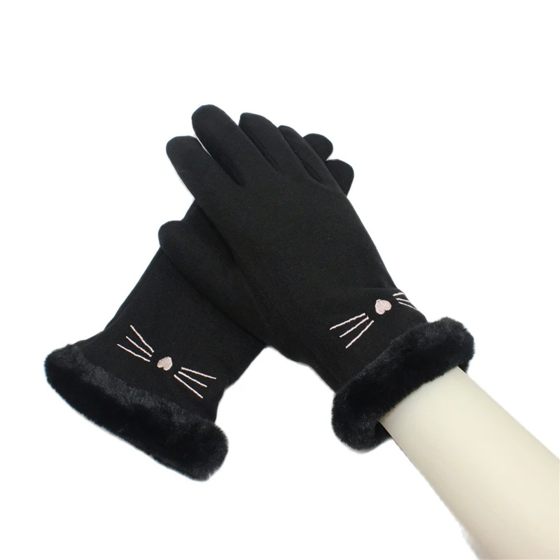 Lady Winter Autumn Thicken Velvet Warm Touch Screen Cat Embroidery Gloves for Women Retro Lovely Style Mittens Nice Hands N5