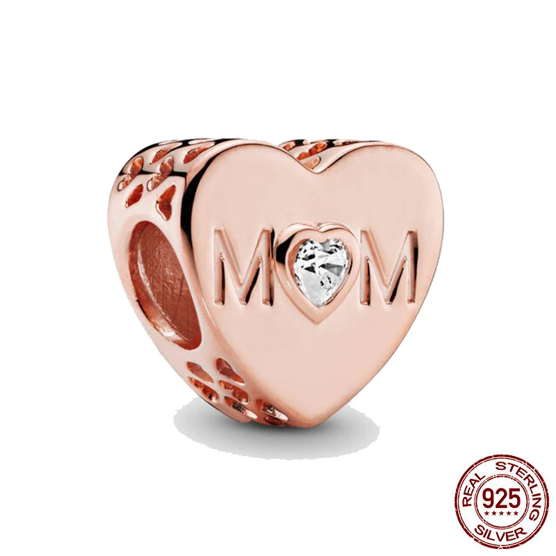 

New 925 Sterling Silver Bead Clear Mom Heart Charm ​DIY fine beads Fit Original Pandora Charms Bracelet Jewelry 2021