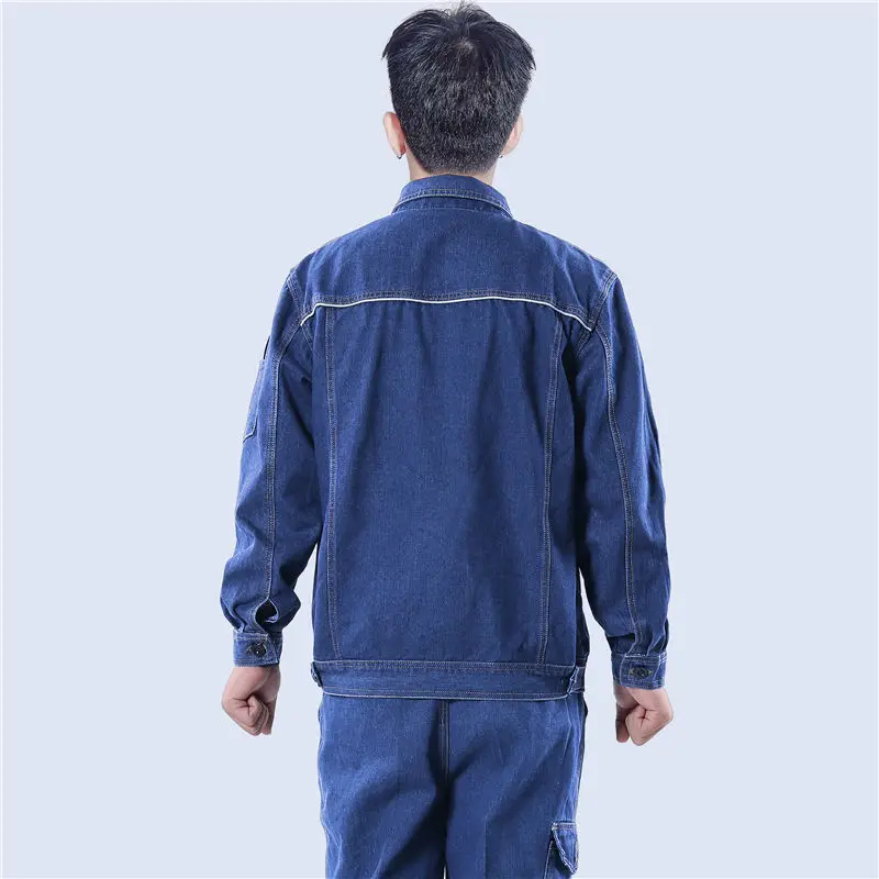 Welding clothing set for men women denim worker uniform long sleeves reflective Machine welder repairmen factory work coveralls