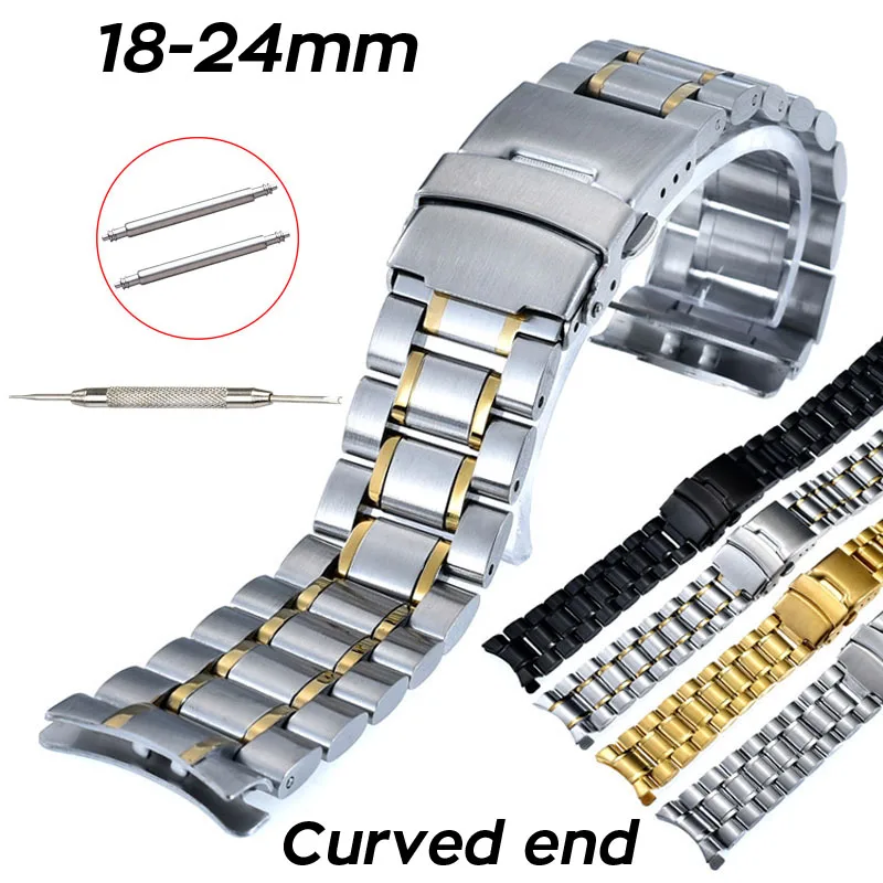 

Curved End Replacement Watch Band 18mm 20mm 22mm 24mm Stainless Steel Watchband Double Lock Buckle Wrist Belt Watch Strap SB5ZWT