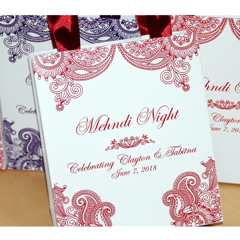 Sacchetti regalo personalizzati Mehndi night con nastro di raso e i tuoi nomi borse di benvenuto per matrimoni bomboniere indiane all\'hennè Sangeet