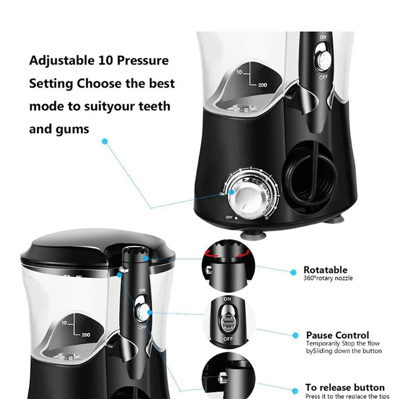 Nicefeel Black Eletric Oral Irrigator Water Pulse Flosser Dental Jet Teeth Cleaner Hydro Jet With 600ml Water Tank & 7Nozzles