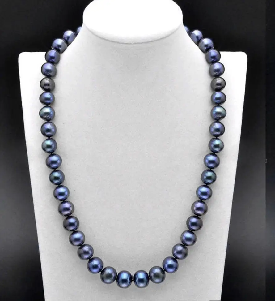 

18 inch AAA 9-10 MM SOUTH SEA Tahitian black blue PEARL NECKLACE 925silver GOLD