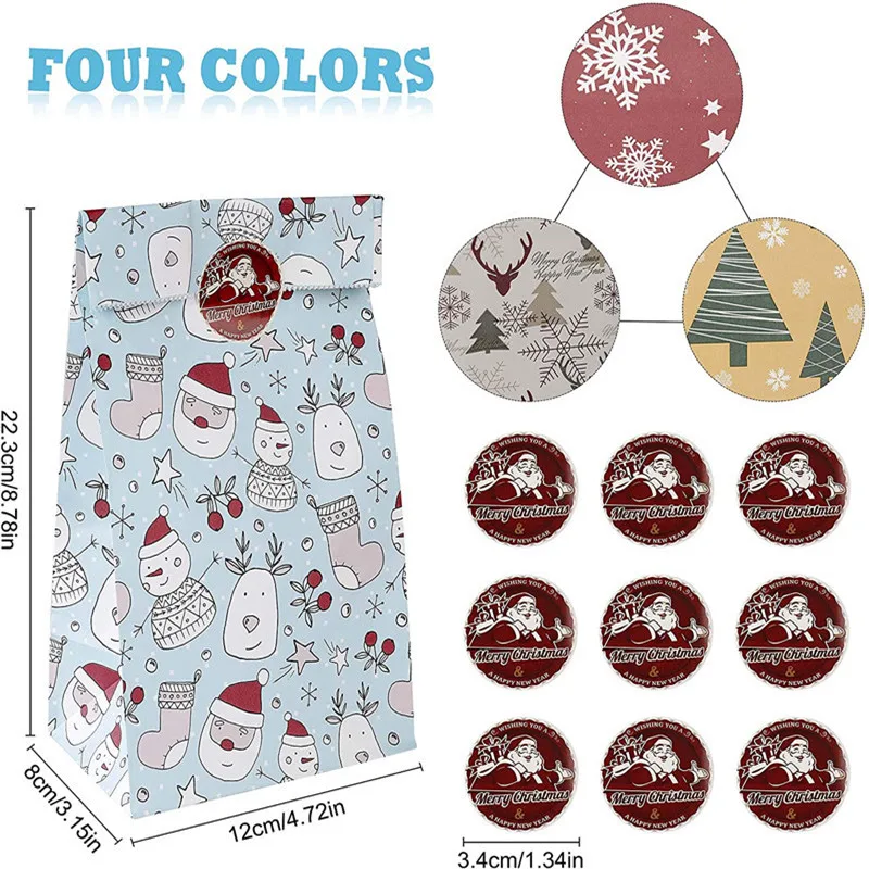 24Pc Xmas Pattern Advent Calendar DIY Kraft Paper Bags  Hanging Decor With Rope Digital Sticker Countdown Candy Bag Calendario