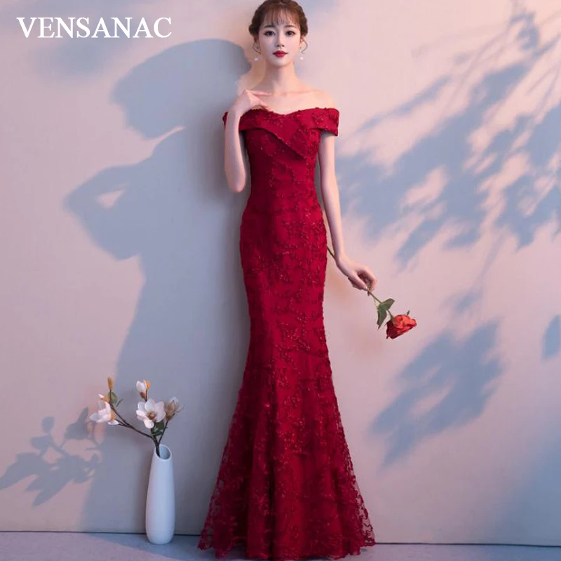 

VENSANAC Boat Neck Lace Appliques Mermaid Long Evening Dresses Party Short Sleeve Backless Prom Gowns