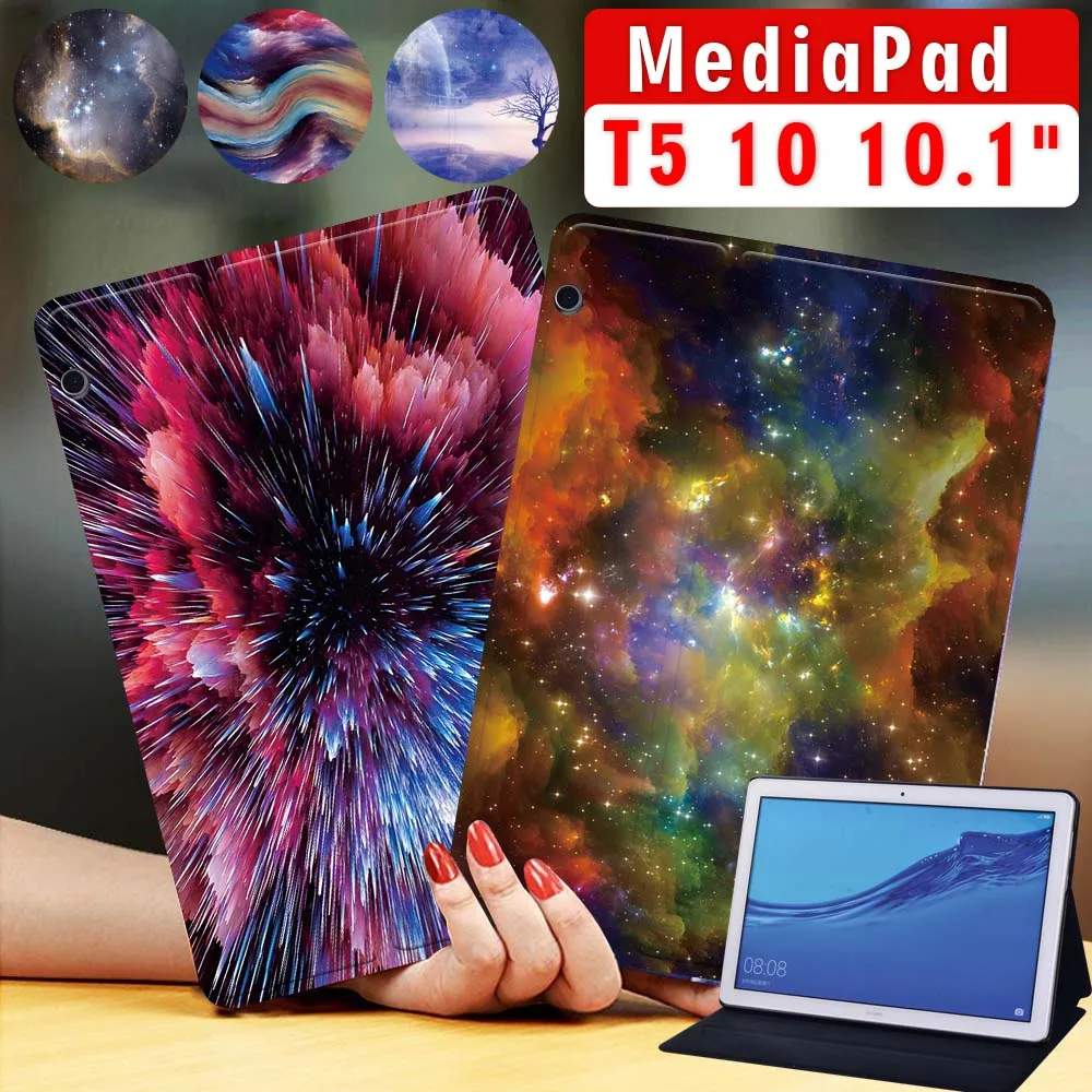 Tablet Case for Huawei MediaPad T5 10 10.1 Inch Printing Pattern Star Space Series Cover Case + Free Stylus