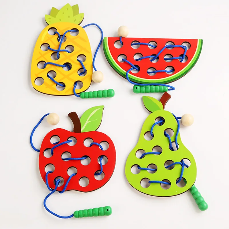 Wooden Lacing Apple Watermelon Threading Toys Fun Learning Game for Kids l Builds Basic Life Skills l Airplane Car and House Toy