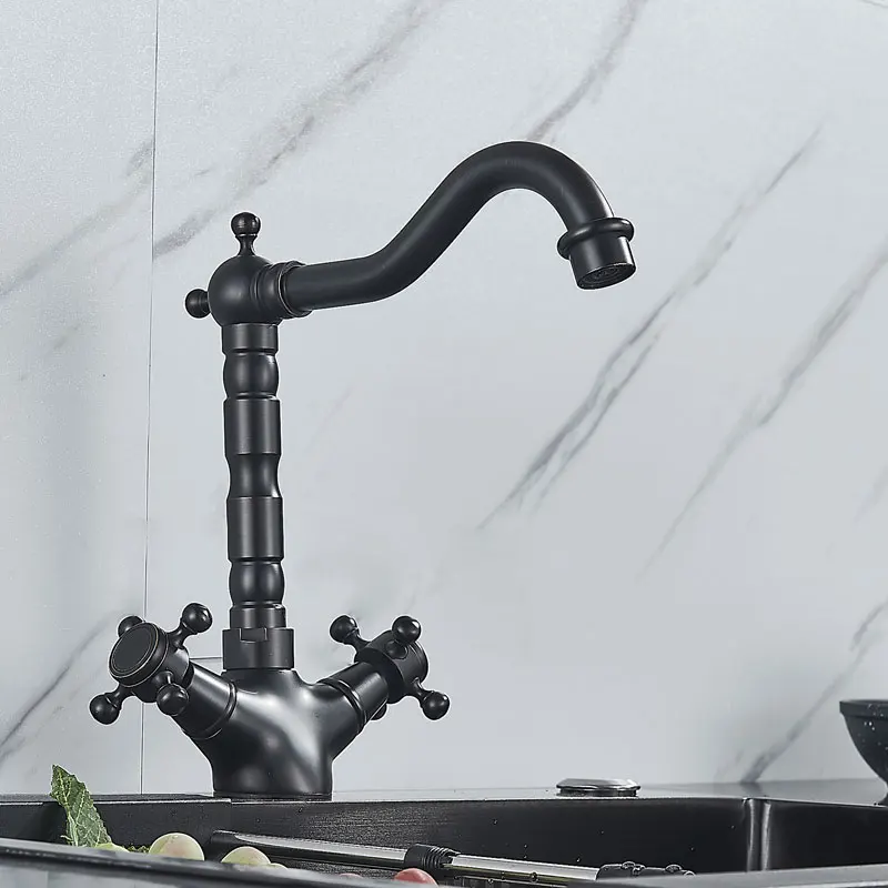 

Black Brass Deck Mount Bathroom Kitchen Faucet Double Handle 360 Rotate Basin Sink Mixer Taps Hot and Cold Water Mixers