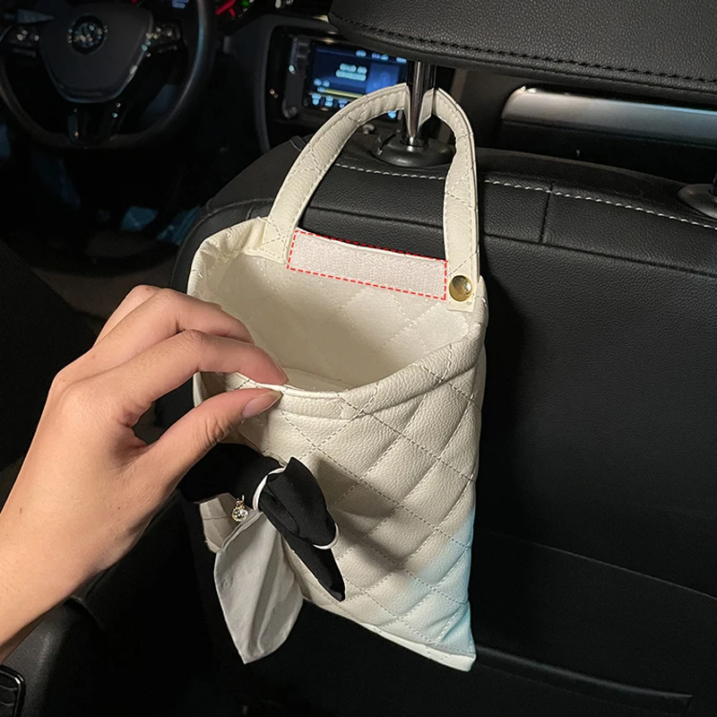 Fashion Bowknot Leather Car Tissue Boxes Cute Auto Seat Back Tissue Bag Organizer Car Decoration Auto Interior Storage Bag