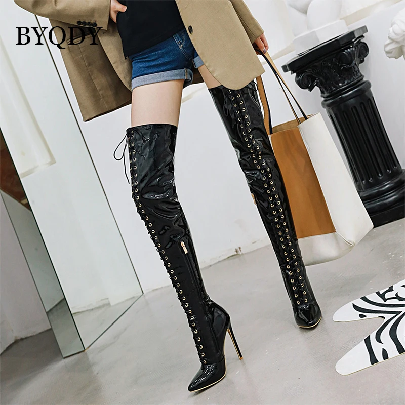 BYQDY Luxury Brand Sexy PU Leather Cross Strap Over the Knee Boots Woman Pointed Toe Bandage Stiletto Heel Long Boots Large Size