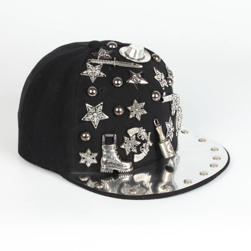 Wholesale European and American Punk Style Rivets Flat Eaves metal brim rebound Hip-Hop Snapback Cap Sports Hats