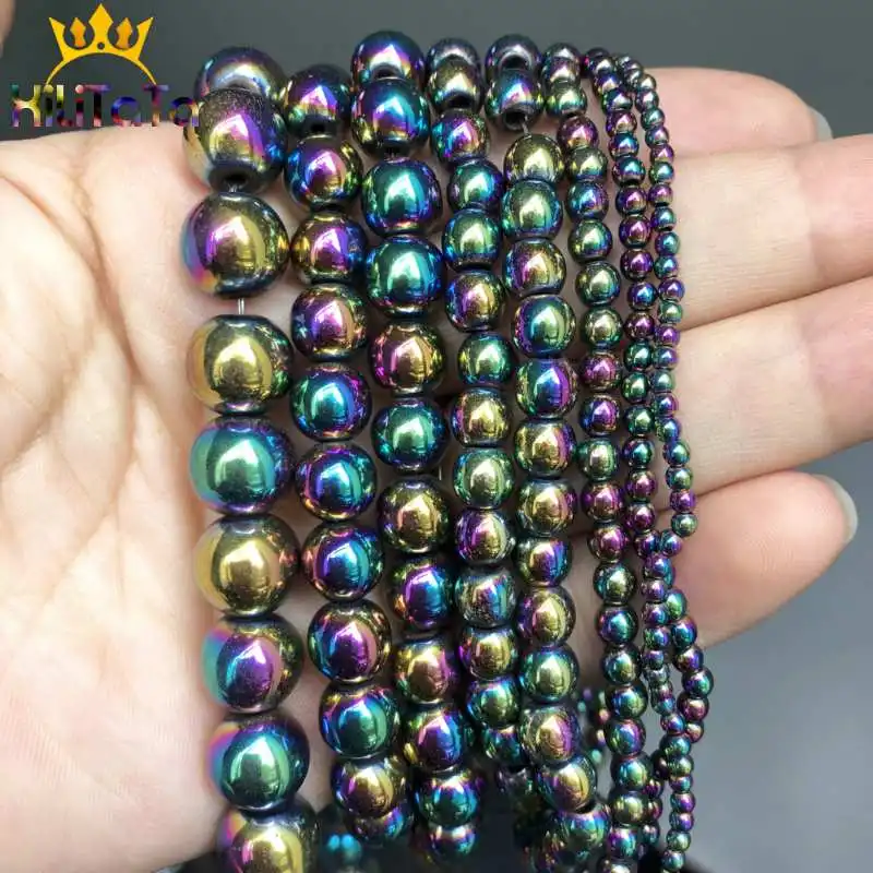 Natural Rainbow Color Hematite Beads Smooth Round Loose Beads For Jewelry Making DIY Bracelet Accessories 2/3/4/6/8/10mm 15\'\'