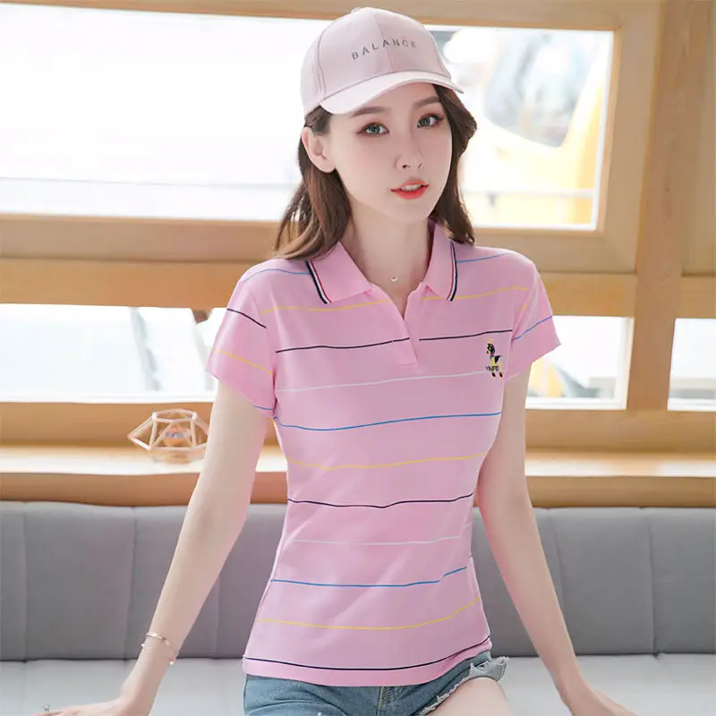 

Summer New Polo Collar Striped Short-Sleeved T-shirt Women's Polo Shirt Slim Top Leading T-shirt Sports Casual Women's Clothing