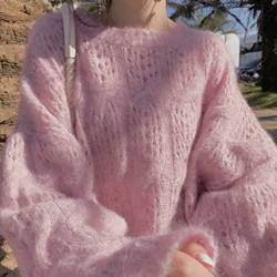 JSXDHK 2024 New Autumn Women's Mohair Pullovers Fashion Lazy Korean Pink O Neck Knitting Hollow Out Soft  Thin Sweaters Knitwear