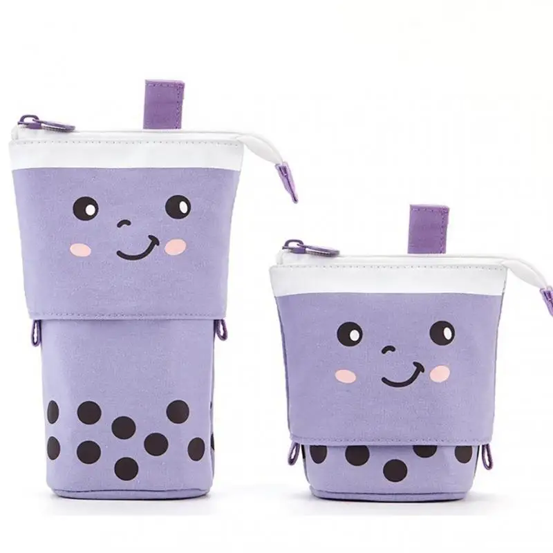 

Polka Dot Milk Tea Cute Smiling Face Multifunctional Pen Holder Stationery Storage Bag Retractable Pencil Case Home Storage