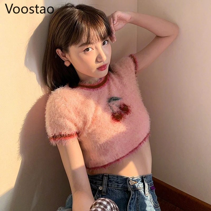 Fashion Plush Cherry Pattern T-Shirts Pink Knitted Short Sleeve Pullover Tops Girls Sweet Cute O-Neck Y2K Crop Tops Ladies Tees