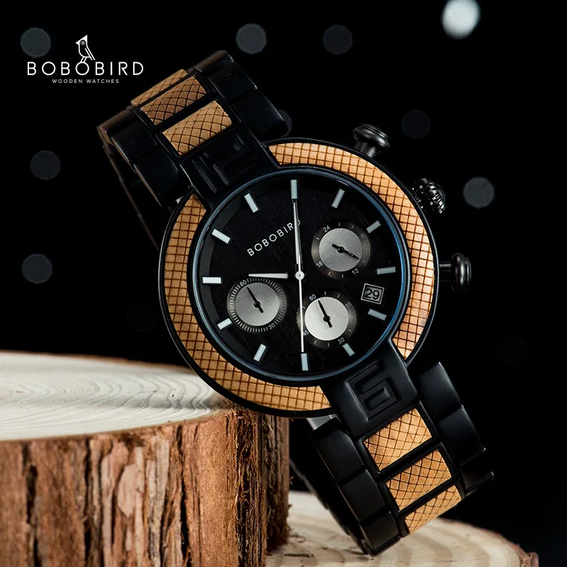 

BOBOBIRD Luxury Watch Men Metal & Wood Quartz Wristwatches Chronograph Date Show montre homme In Gift Box Dropshipping J-T-15