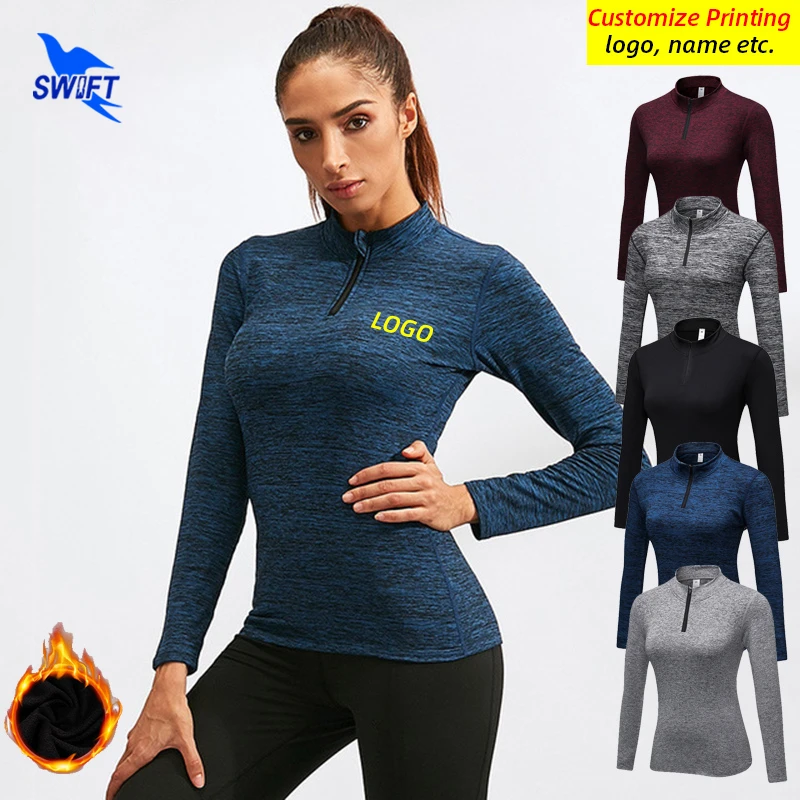 2021 Winter Thermal Fleece Long Sleeve Running Shirts Women Quick Dry Yoga Sportswear Half Zipper Gym Fitness Top Tees Customize