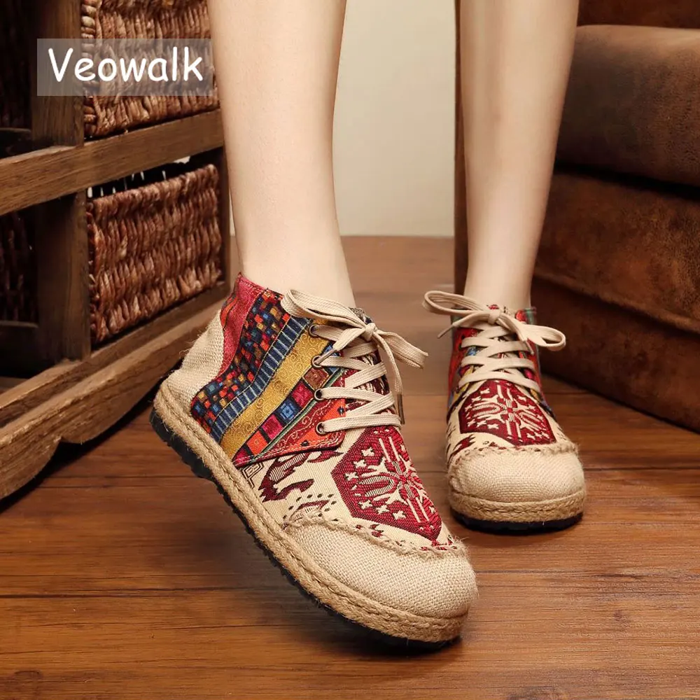 Veowalk High Top Cotton Embroidered Women Casual Linen Flat Shoes Handmade Lace Up Thick Hemp Soled Canvas Sneakers Zapato Mujer