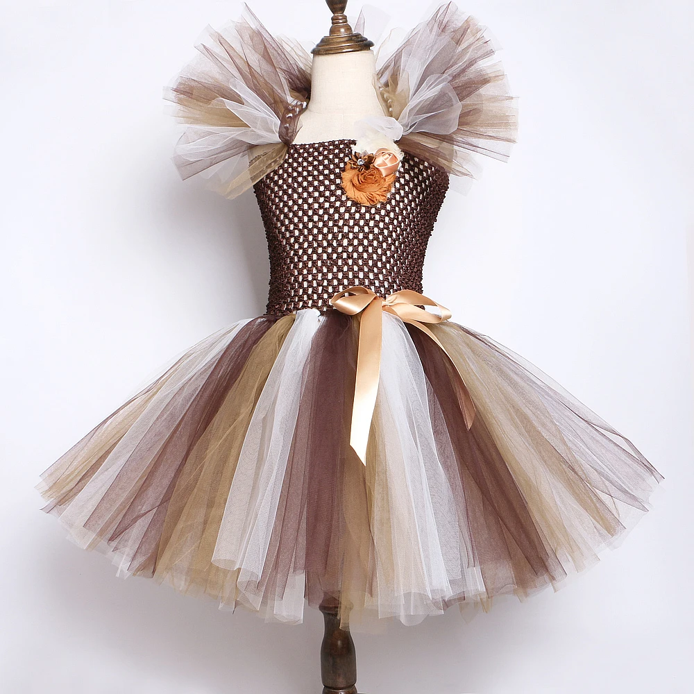 Wild Lion Mane Tutu Dress Brown Flowers Kids Girls Birthday Party Dress bambini Halloween Cosplay Animal Dress Costumes 1-12Y