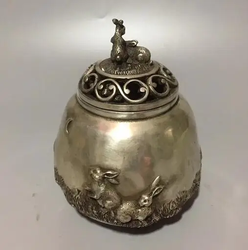 Chinese Hand-made Tibet Silver Sculpture Small White Rabbit Incense Burner Censer Zodiac Animal Statue Home Decoration