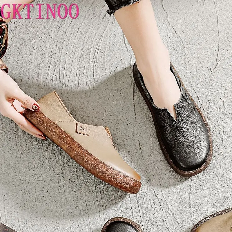 GKTINOO Designer Women Black Flats Slip On Ladies Casual Genuine Leather Flat Handmade Women Shoes Soft Bottom Loafers