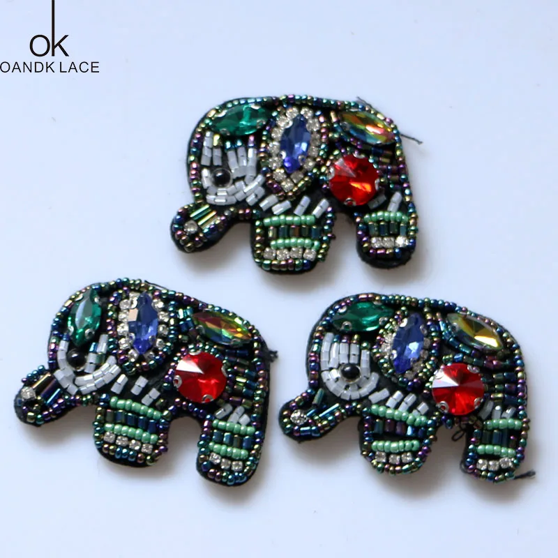 Beaded Rhinestone Elephant Patch for Clothing Sewing on Beading Applique Brooch Crystal Patches for Jackets Bags DIY Apparel