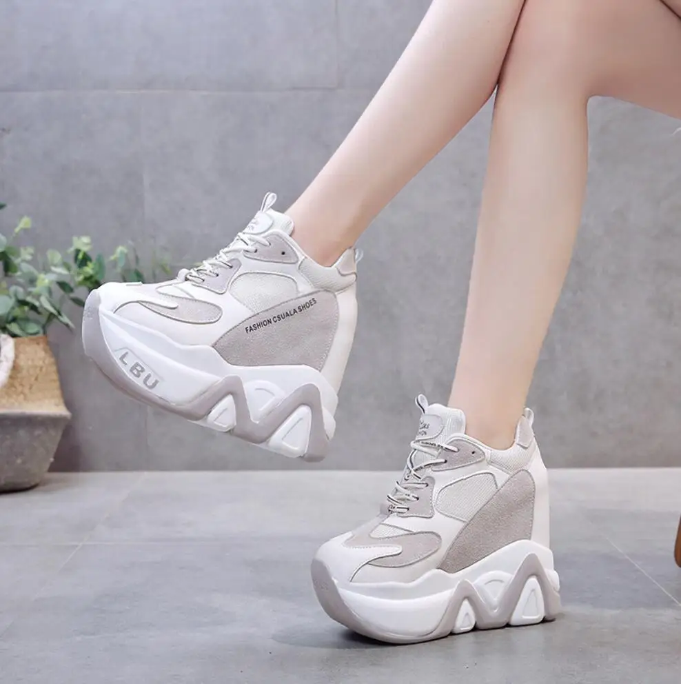 2024 Super High Heels12cm Chunky Sneakers donna autunno spessa altezza inferiore lncordonatura scarpe Casual Lady Mesh Platform Vulcanize