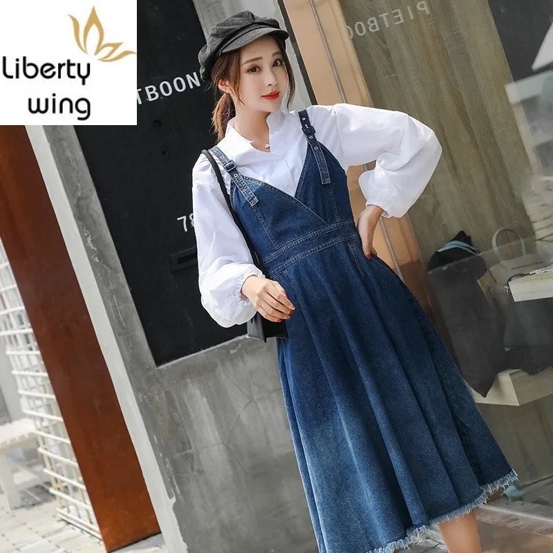 

Spring Women Midi Denim Strap and Stand Collar Long Sleeve White Shirt Two Piece Set High Waist Tassel Jeans Dress