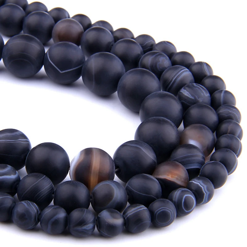 6 8 10 MM Natural matte Black Stripes Agates Stone Beads natural black agates loose spacer beads for Jewelry Making bracelet diy