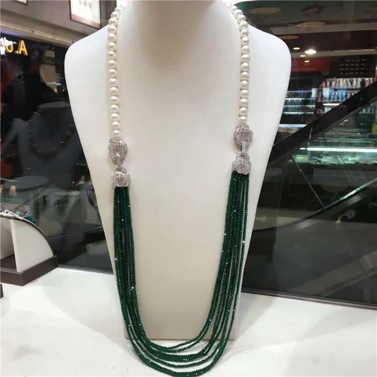 hot sell 9 -10 mm white freshwater pearl necklace green beads multilayer long sweater chain fashion jewelry 32inches