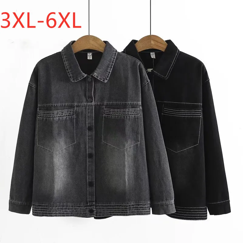 

New Ladies Autumn Winter Plus Size Jeanswear Jacket For Women Large Long Sleeve Loose Cotton Black Denim Coat 3XL 4XL 5XL 6XL