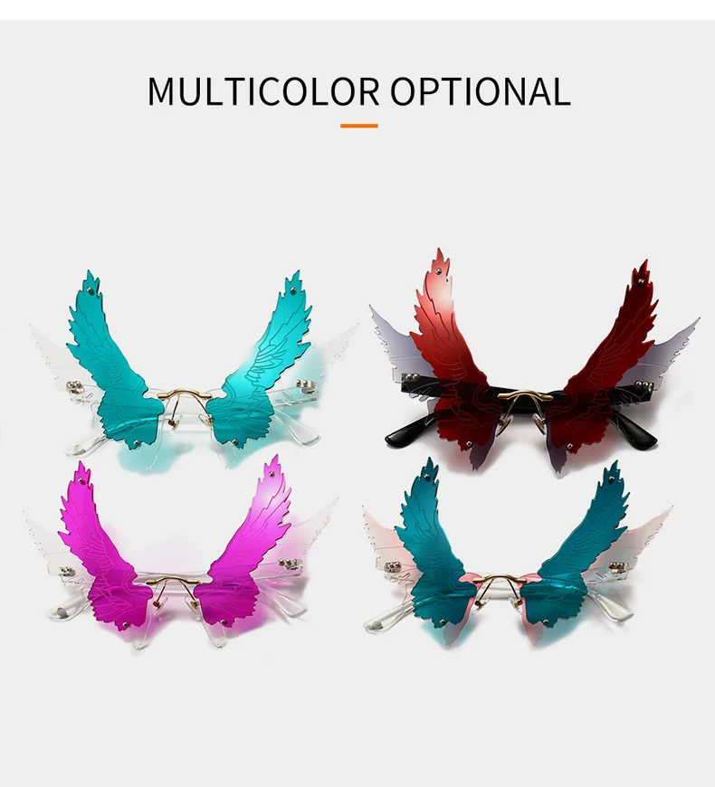 OEC-MANAGEMENT CPO Einzigartige Flügel Randlose Sonnenbrille Frauen Mode Großen Rahmen Steampunk Sonnenbrille Weibliche Rahmenlose Bunte Party Gläser Männer – Detail 3