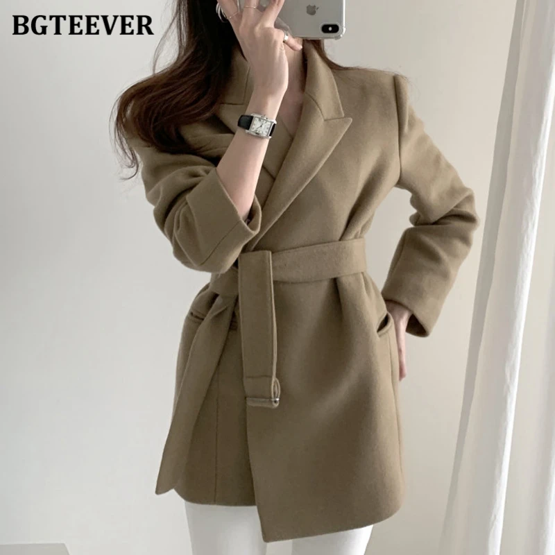 BGTEEVER Chic Elegant Woolen & Blends Blazer Women Autumn Winter Thick Warm Full Sleeve Belted Sashes Female Suit Jackets 2020