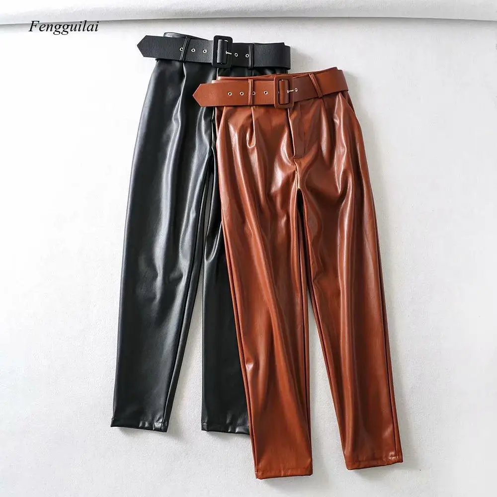 Women\'s New High Waisted Plush Leather Pants for Women In Spring and Autumn with Belt