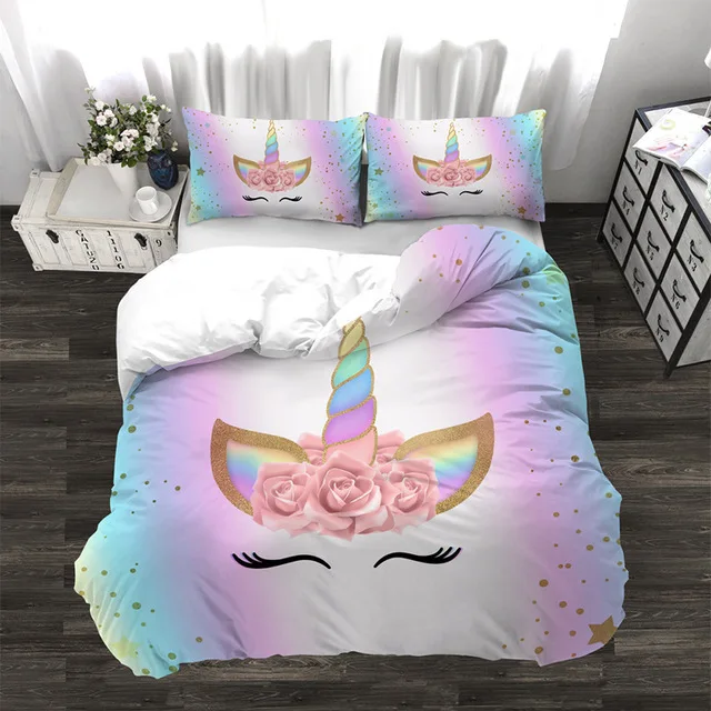 Hot Unicorn Bedding Set Duvet Cover Cartoon Bedclothes Colorful  Animal Printed Comforter Bedding Sets for Girls Cute Bed Set