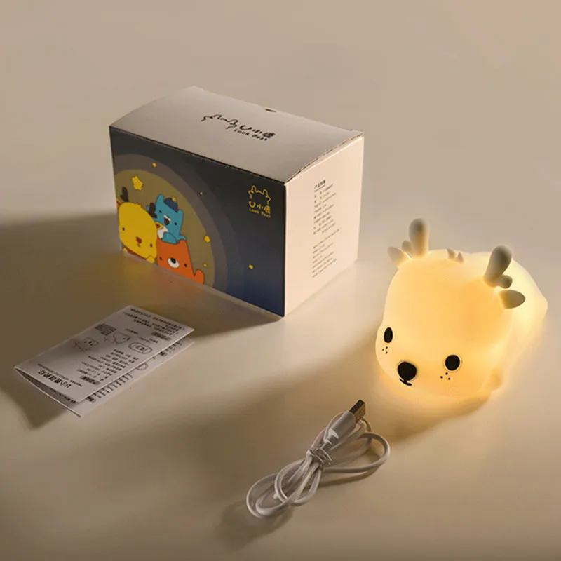 Children Night Light Cute LED Dear Lamp Room Decor Luminaria Rechargeable Timer Bedroom Bedside Lamp for Kids Baby New Year Gift