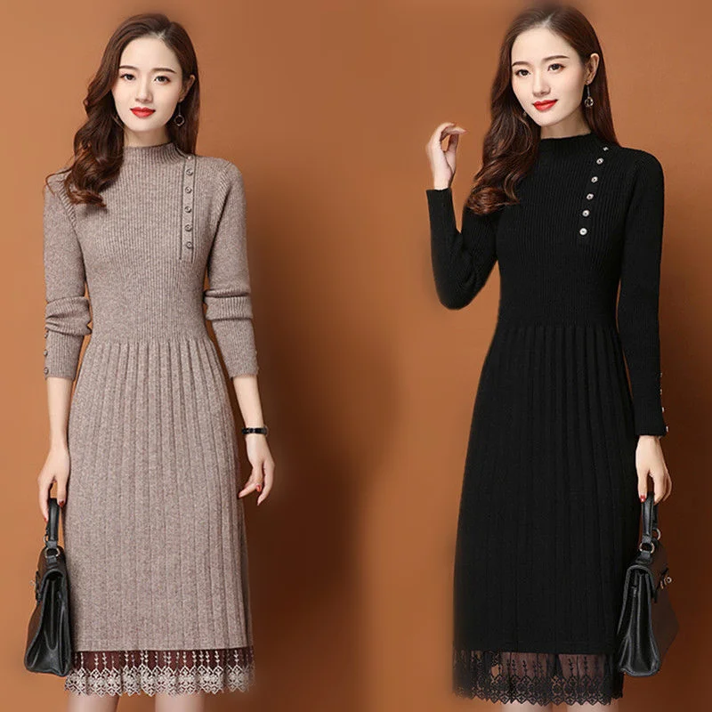 Renda bainha botões feminino outono inverno camisola de malha uma linha vestidos com nervuras fino elástico manga longa senhora bodycon midi vestidos