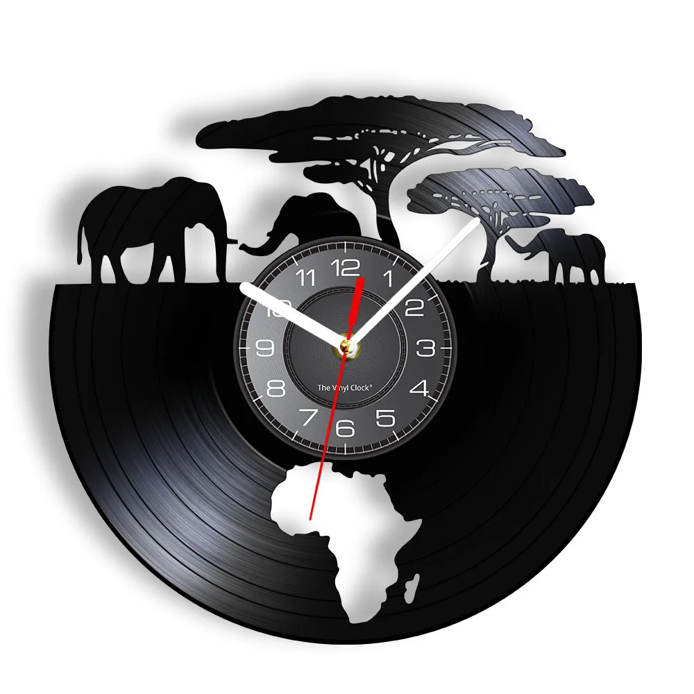 African Elephants Record Wall Clock Protect Wild Animals Nature Home Decor Safari Elephish Shadow Art Vinyl Record Timepieces