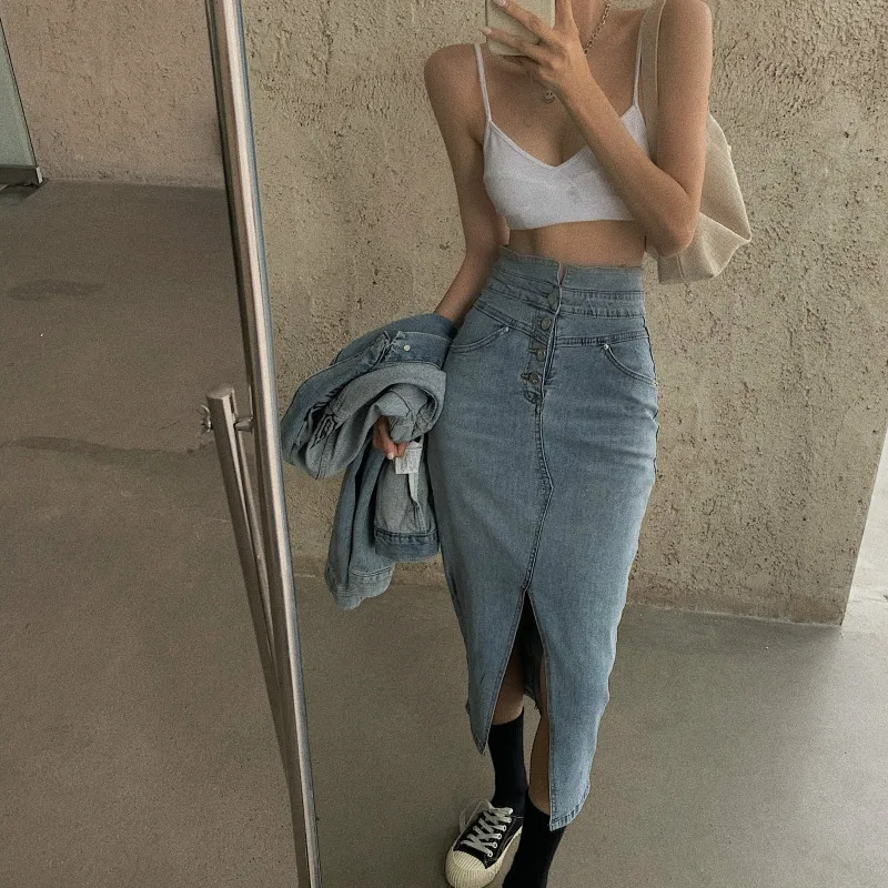 High Waist Demin Skirts Women 2023 New Sexy Stretch Split Blue Jeans Skirt Slim Fall Summer Vintage Korean Faldas Mujer Moda Y2k