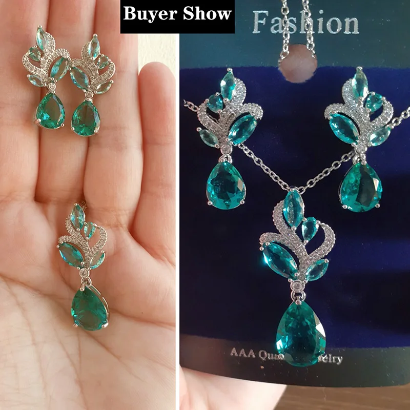 Pera Elegant Korean Style Light Blue Cubic Zirconia Women Fashion Pendant Leaf Necklace Water Drop Earrings Jewelry Sets J151