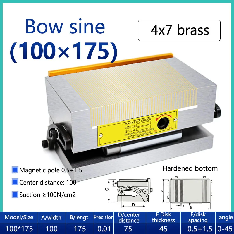 Amoladora de superficie magnética fuerte de alta precisión 100*175, mesa magnética sinusoidal, ángulo de mandril de latón, disco de 0-45 grados