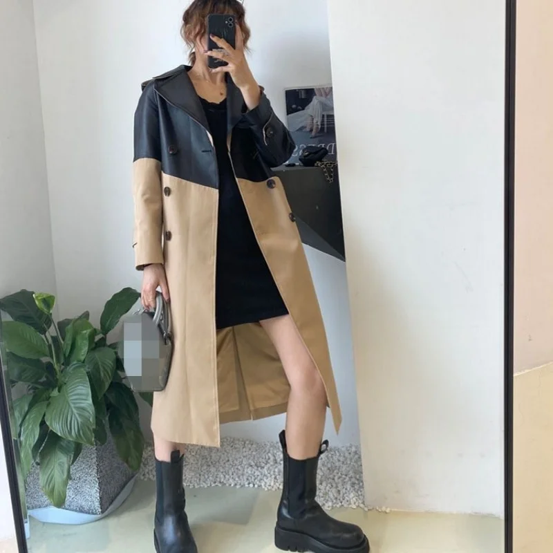 

Sheepskin Street Spliced Lace Up Trench Coat Women Double Breasted Office Lady Overcoat Casual Retro Khaki Straight Windbreakers