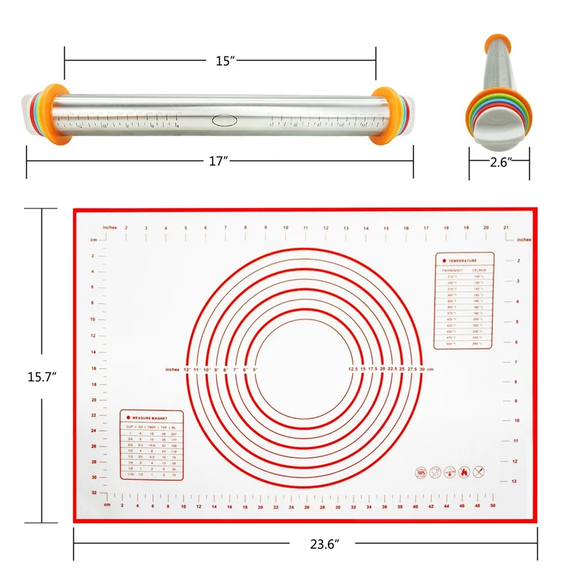 17inch Adjustable Stainless Steel Rolling Pin With Dough Mat Dough Roller with 4 Removable Adjustable Thickness Rings
