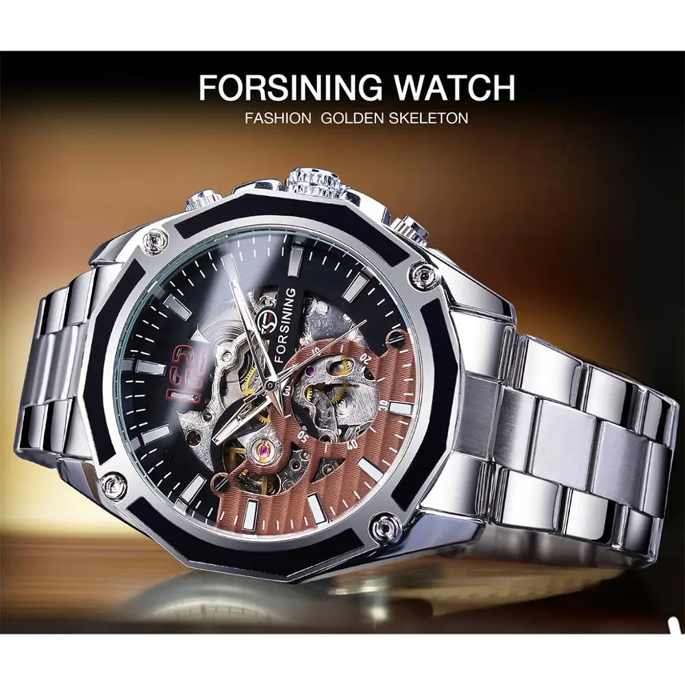 Forsining Open Work Stainless Steel Luminours Military Open Work Mens Mechanical Sport Automatic Wrist Watches Top Brand Luxury