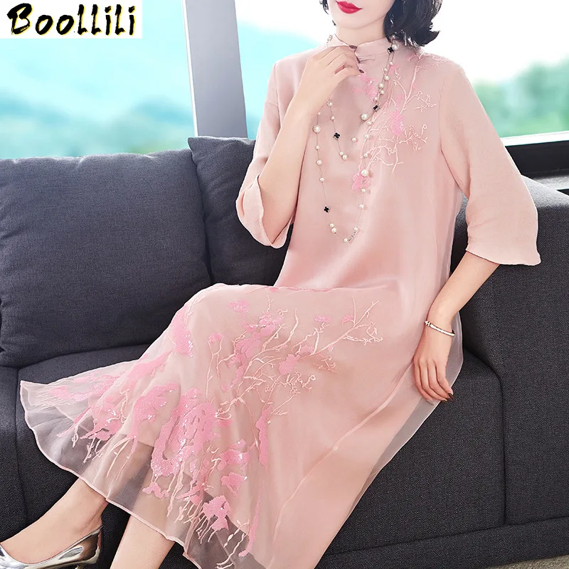 

Dress Boollili Summer 2023 Elegant Silk Dress for Women Vintage Embroidery Pink Red Maxi Dress Ladies Dresses Plus Size Vestidos