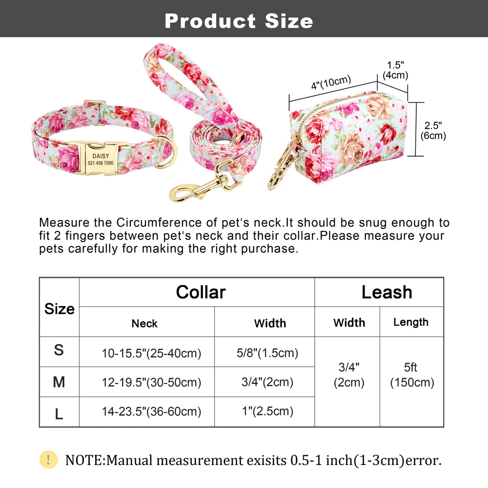 Flower Dog Collar Leash Set Custom Small Medium Large Dog Pet Collars Floral Print Nylon Dog Collars with Treat Bag Snack Bag